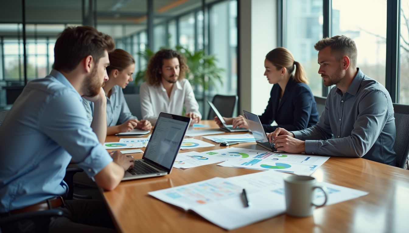 A diverse group collaborates around a polished conference table in an office.