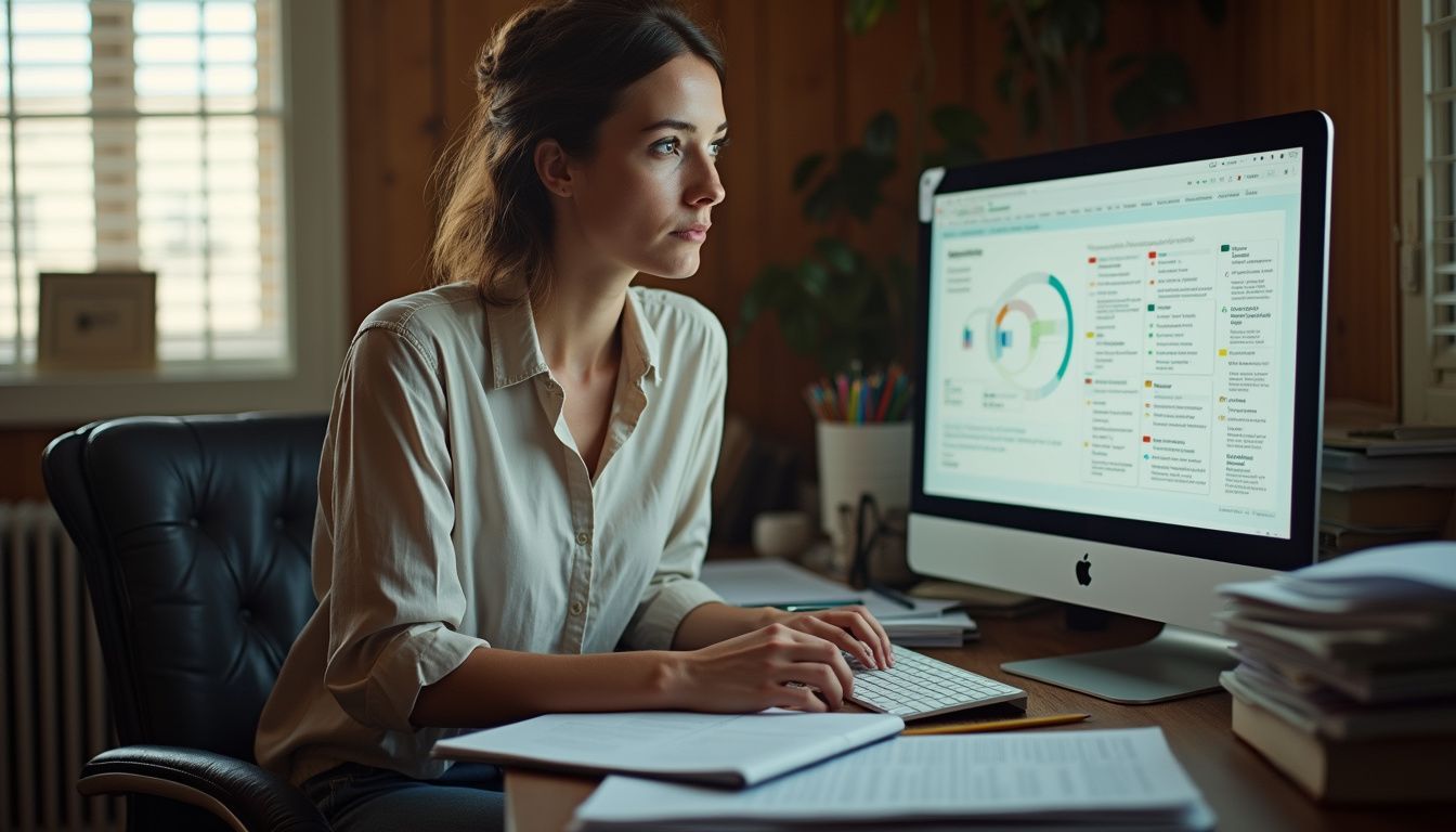 A woman focused on her computer amidst a cluttered desk.